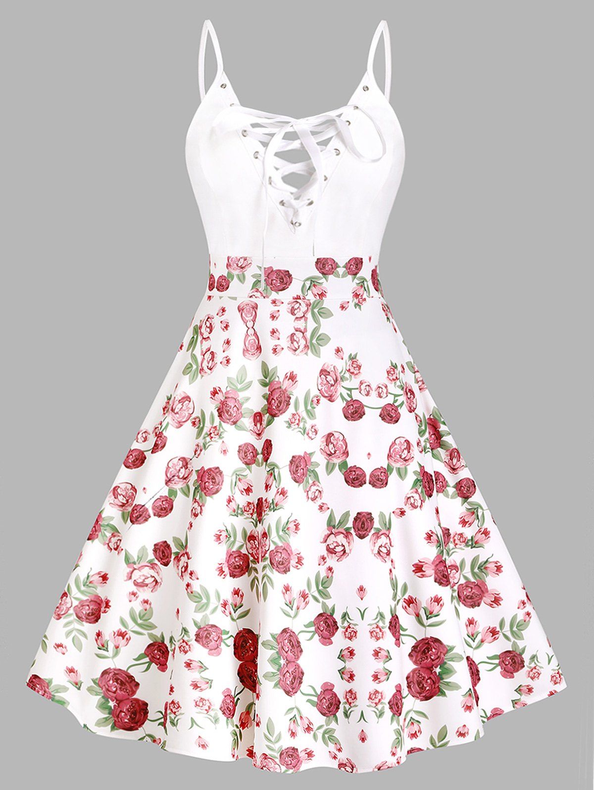 Flower Print Cottagecore A Line Dress Lace Up Spaghetti Strap Cami Dress - LIGHT PINK 2XL