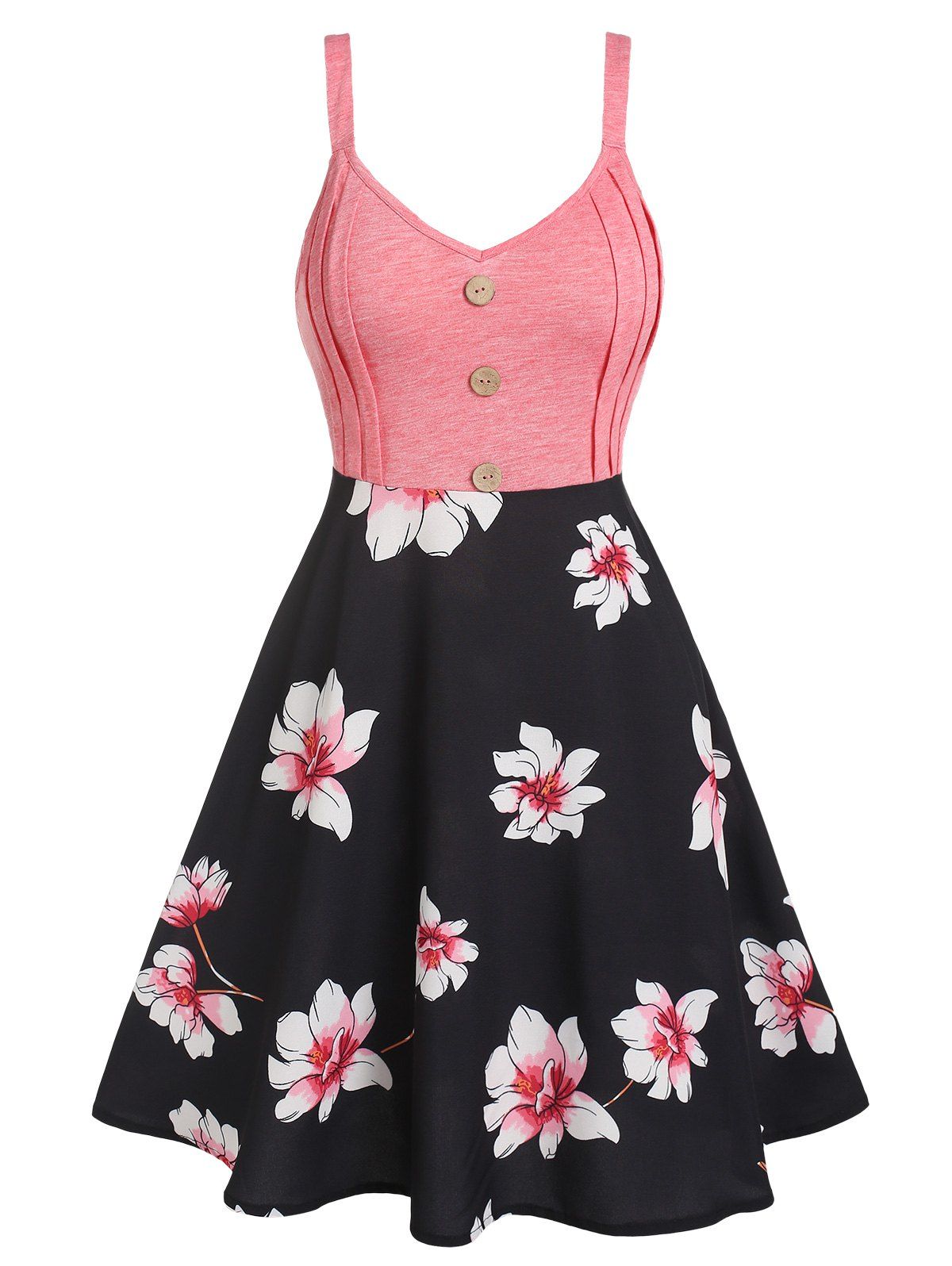 Floral Print Sundress Mock Button Mini Dress Space Dye Pintuck A Line Combo Dress - BLACK 2XL