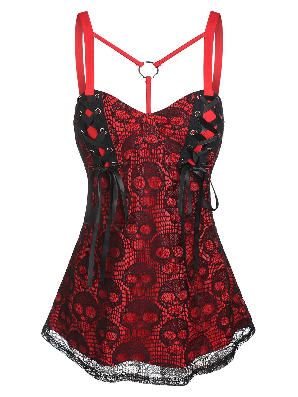 Lace Up Skull Lace Overlay Gothic Tank Top - RED XXXL