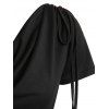 Mini Robe Vintage Plissée Nouée en Avant à Epaule Dénudée Manches Longues - Noir L