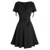 Draped Cowl Front Mini Dress Ruched O Ring Knotted Short Sleeve A Line Dress Cinched Shoulder Grecian Style Vintage Dress - BLACK L