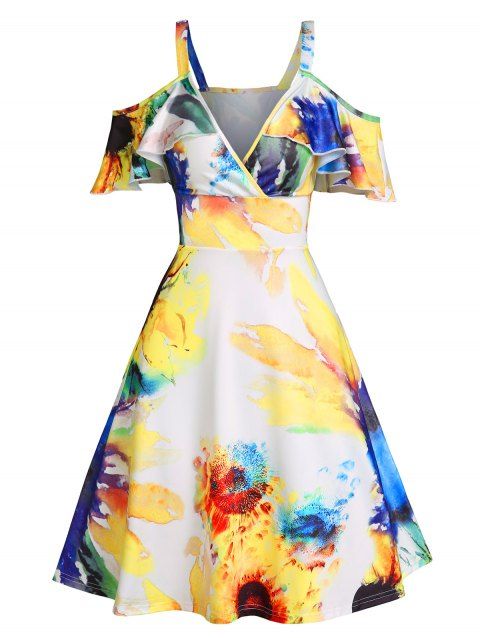 Summer Flower Printed Cold Shoulder High Waist A line Mini Dress