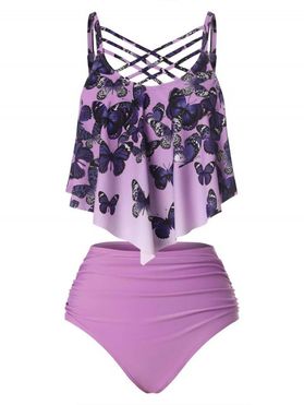 Mix And Match Ombre Butterfly Swimsuit Lattice High Rise Tankini Swimwear