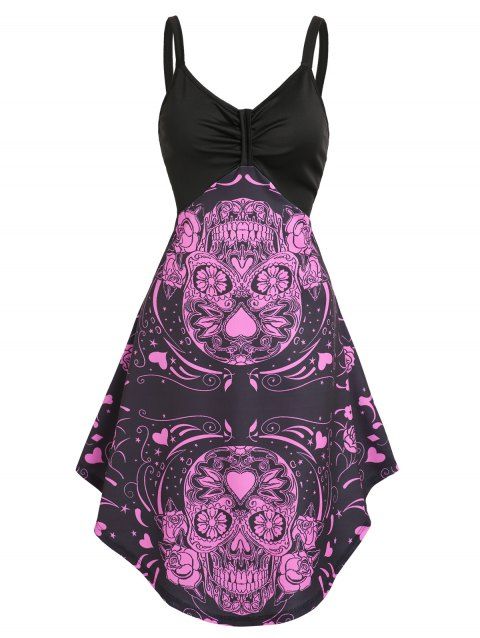 Gothic Skull Flower Print High Low Ruched Bust A Line Dress