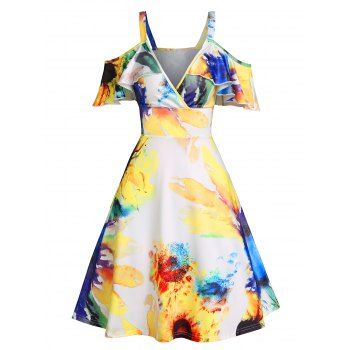 

Summer Flower Printed Cold Shoulder High Waist A line Mini Dress, Yellow