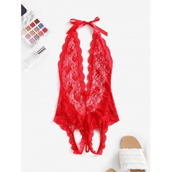 

Lace Low Cut Sheer Backless Teddy, Red