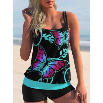 

Gothic Modest Butterfly Swimsuit Boyshorts Print Tankini Swimwear Set, Black