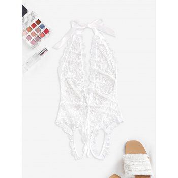 

Lace Low Cut Sheer Backless Teddy, White