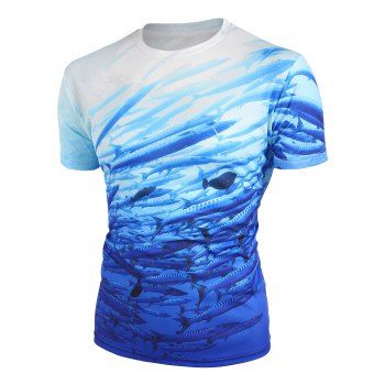 

Marine Life Fish Print Perforated T-shirt, Multicolor