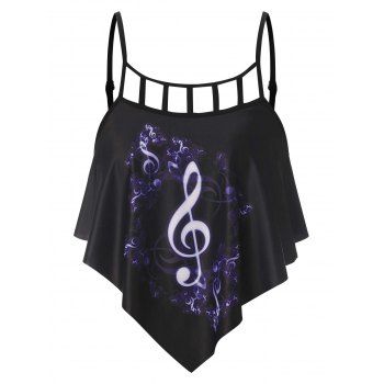 

Gothic Cutout Swim Top Flounce Musical Notes Print Tankini Top, Black