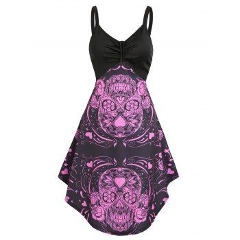 

Gothic Skull Flower Print High Low Ruched Bust A Line Dress, Purple