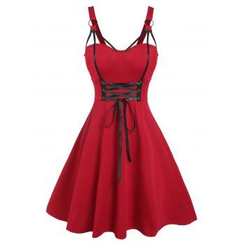 

Lace Up Mini Dress Metal O Ring Straps Cup Buster A Line Dress, Deep red