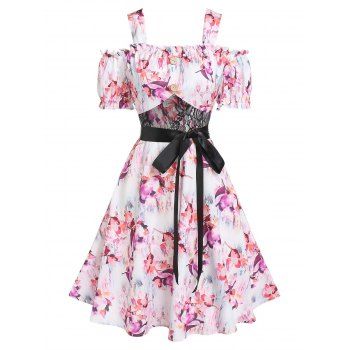 

Cold Shoulder Mini Dress Flower Allover Print Vacation Dress Face Panel Frilled Belted A Line Dress, Light purple