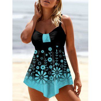 

Ombre Floral Asymmetrical Hem Tankini Swimwear, Light blue