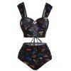Vintage Tanknini Swimsuit Sun Moon Print Lace Up Cut Out Ruched High Waist Bottom Push Up Underwire Swimwear