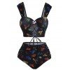 Vintage Tanknini Swimsuit Sun Moon Print Lace Up Cut Out Ruched High Waist Bottom Push Up Underwire Swimwear - multicolor XL