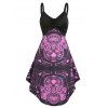 Gothic Skull Flower Print High Low Ruched Bust A Line Dress - PURPLE L