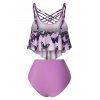 Mix And Match Ombre Butterfly Swimsuit Lattice High Rise Tankini Swimwear - PURPLE XL