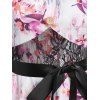 Cold Shoulder Mini Dress Flower Allover Print Vacation Dress Face Panel Frilled Belted A Line Dress - LIGHT PURPLE XL