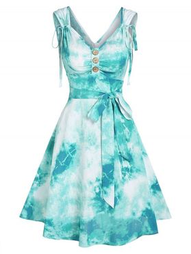 Ocean Tie Dye Print Mini Dress knotted Cinched Straps A Line Dress Mock Button V Back Ruched Sleeveless Dress