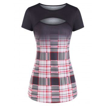 

Plaid Cutout Short Sleeve T-shirt, Light pink