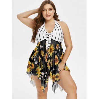 

Plus Size Sunflower Stripe Print Handkerchief Tankini Swimsuit, Black