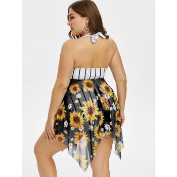 Plus Size Sunflower Stripe Print Handkerchief Tankini Swimsuit