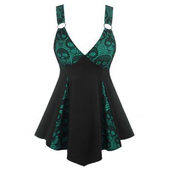 

Plus Size Tank Top Skull Lace Panel Godet Plunging Neck Gothic Tank Top, Green