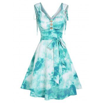 

Ocean Tie Dye Print Mini Dress knotted Cinched Straps A Line Dress Mock Button V Back Ruched Sleeveless Dress, Light green