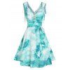 Ocean Tie Dye Print Mini Dress knotted Cinched Straps A Line Dress Mock Button V Back Ruched Sleeveless Dress - LIGHT GREEN XXXL