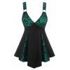 Plus Size Tank Top Skull Lace Panel Godet Plunging Neck Gothic Tank Top - GREEN 5X