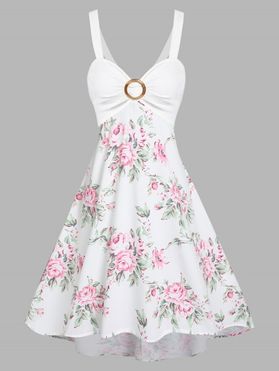 Flower Print Garden Party Dress O Ring Ruched Bust Cottagecore Midi Dress Empire Waist Vacation Cami Dress