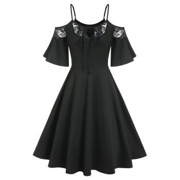 

Cold Shoulder Lace Insert Cutout Flare Sleeve Dress, Black