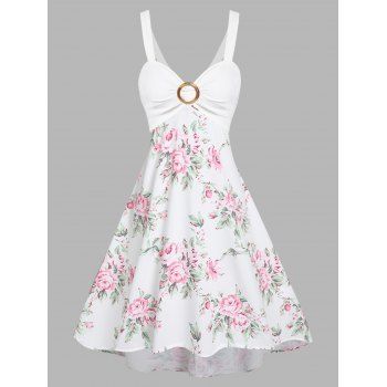 Women Flower Print Garden Party Dress O Ring Ruched Bust Cottagecore Midi Dress Empire Waist Vacation Cami Dress Clothing L White