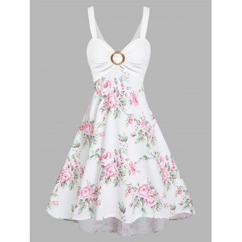 

Flower Print Garden Party Dress O Ring Ruched Bust Cottagecore Midi Dress Empire Waist Vacation Cami Dress, White