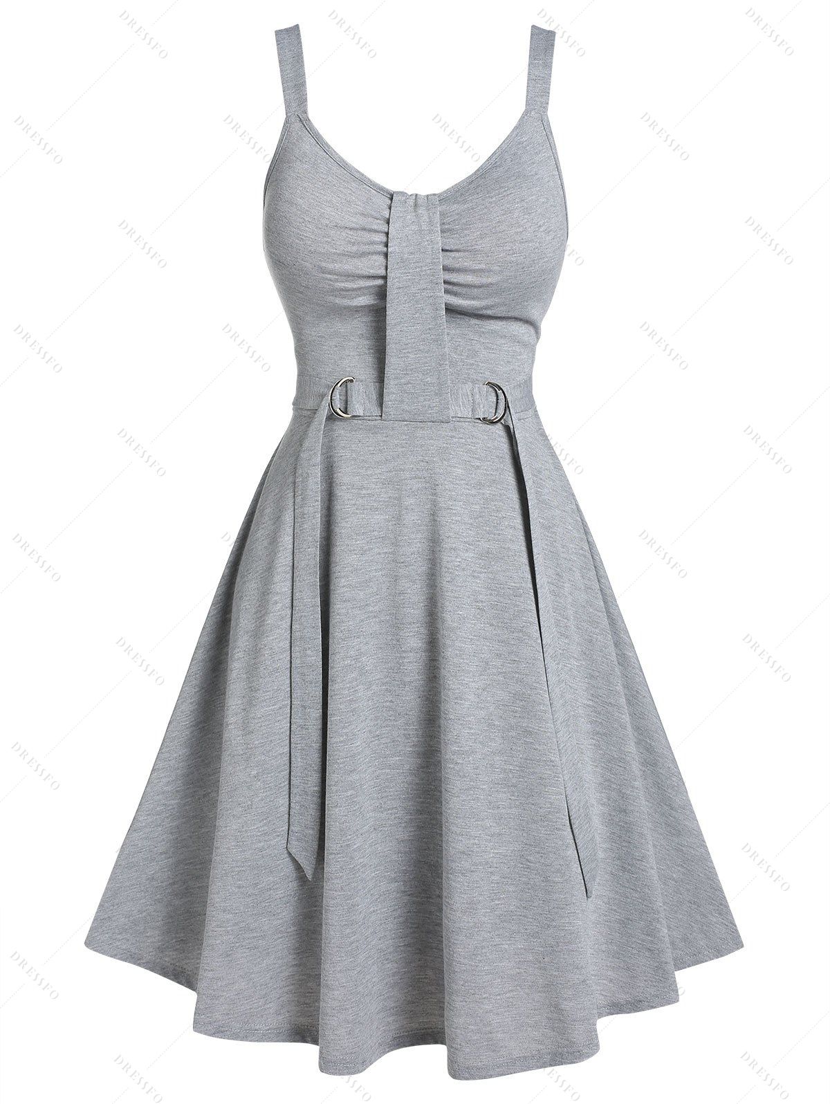 D Ring Backless Ruched A Line Dress - LIGHT GRAY M