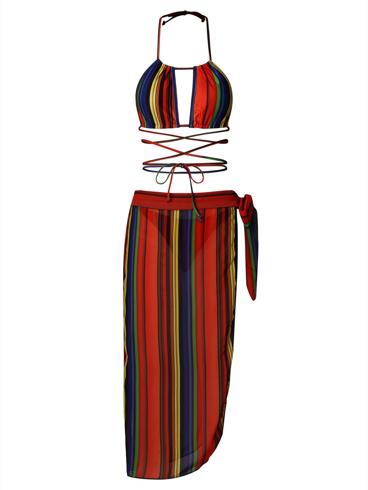 Stripe Rainbow Tie Three Piece Bikini Swimwear - multicolor XL