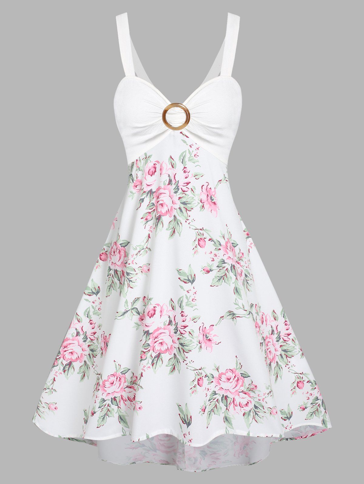 O Ring Flower Print Cami Midi Dress - WHITE XL