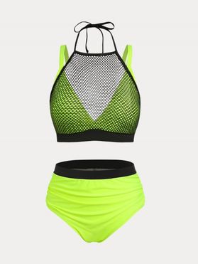 Fishnet Overlay Plus Size Ruched Bikini Swimsuit