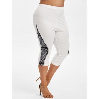 

Plus Size Leaf Lace Insert Capri Leggings, White