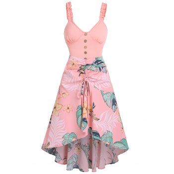 

Frilled Top and Flower Leaf Cinched High Low Skirt Set, Light pink