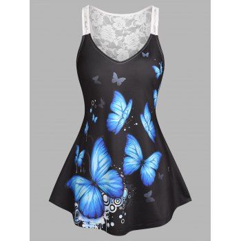 

Lace Sheer Racerback Butterfly Print Tank Top, Black