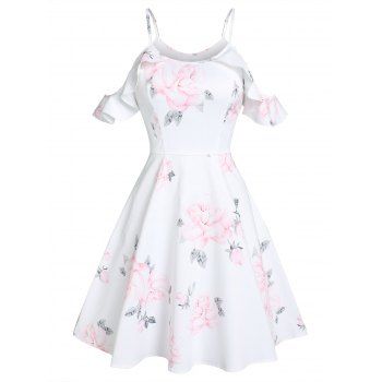 

Floral Cold Shoulder Ruffled Cutout Dress, White