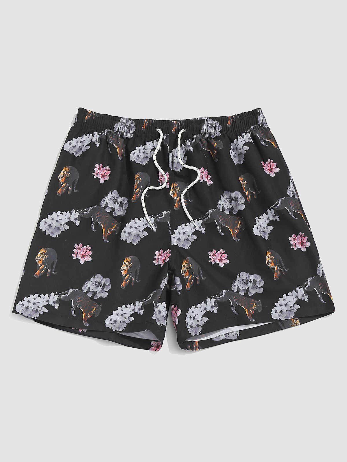 Floral Tiger Print Drawstring Board Shorts - BLACK XXL