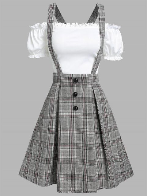 Vintage Ruched Off The Shoulder Tee and Crisscross Plaid Suspender Skirt Set