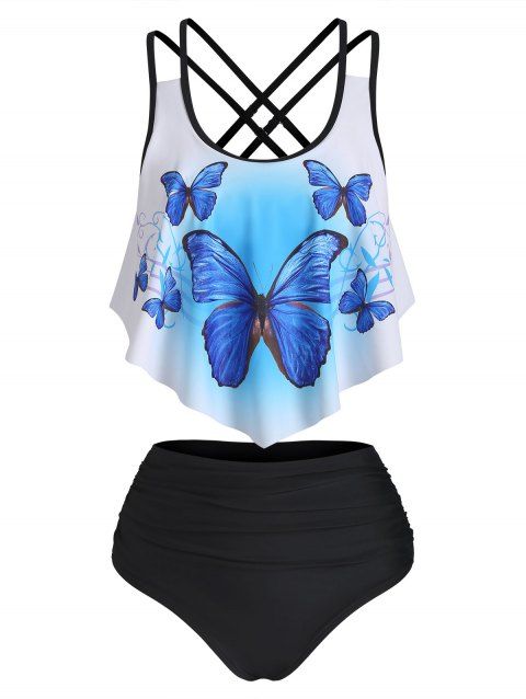 Crisscross Butterfly Print Flounce Tankini Swimsuit