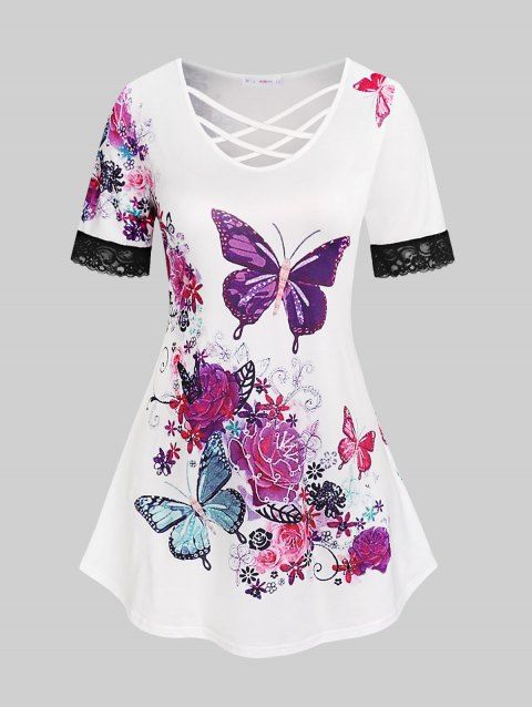 T-shirt Croisé à Imprimé Papillon Floral de Grande Taille