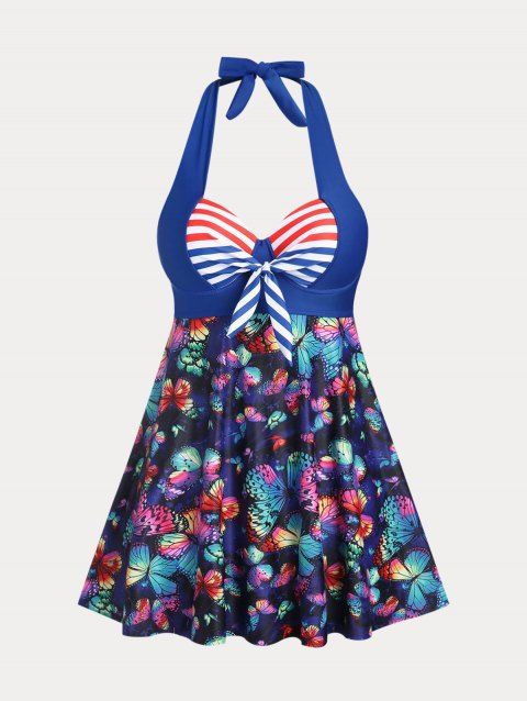Plus Size & Curve Halter Underwire Backless Butterfly Print Tankini Swimsuit
