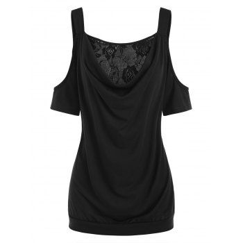 

Plus Size Cowl Neck Rose Lace Insert Cold Shoulder Tee, Black
