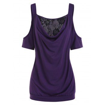 

Plus Size Cowl Neck Rose Lace Insert Cold Shoulder Tee, Purple
